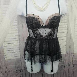 Victoria's Secret Womens Garter Babydoll Chemise Pink Black Floral Sheer 36C New